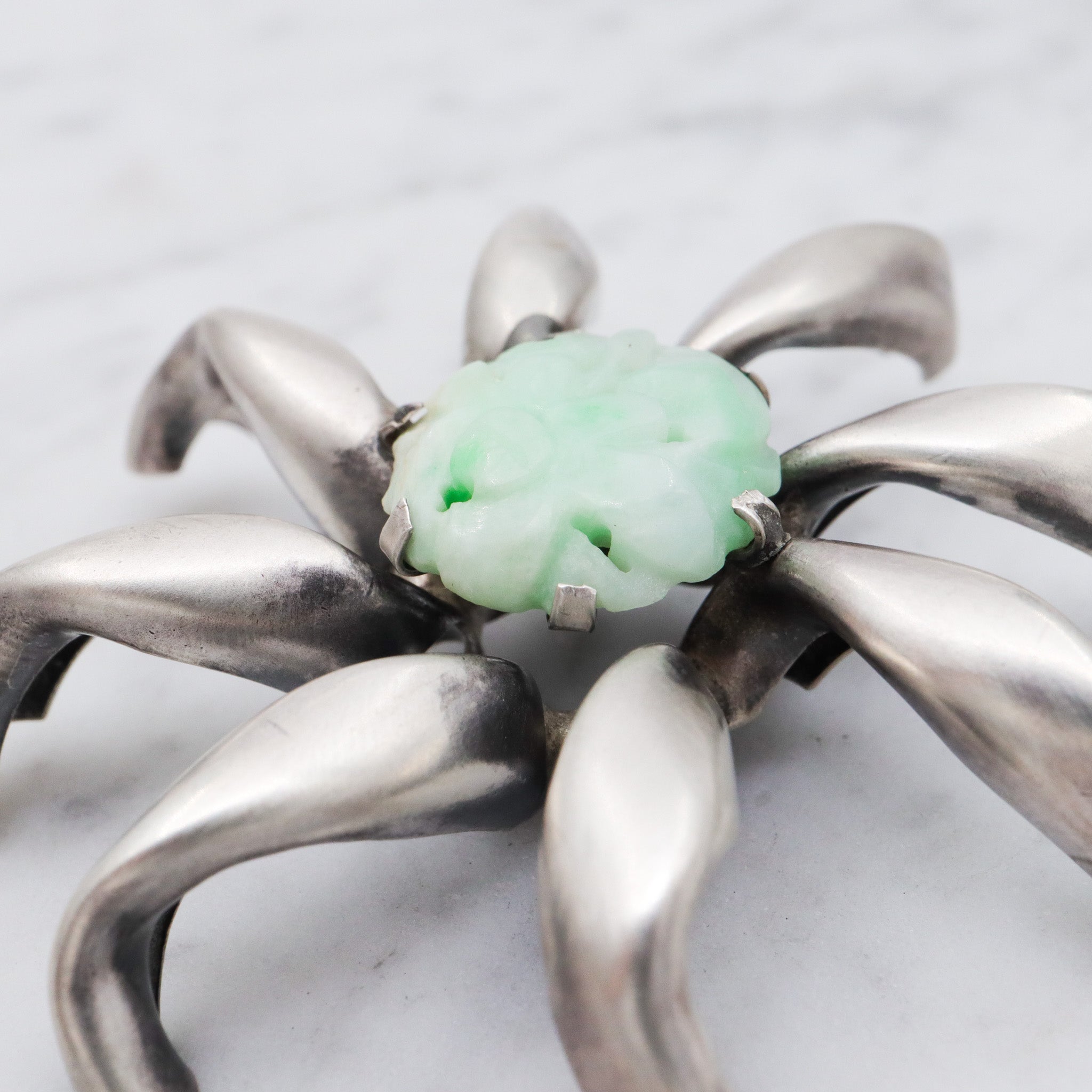 Antique Art Deco sterling silver Chinese carved jade flower pendant